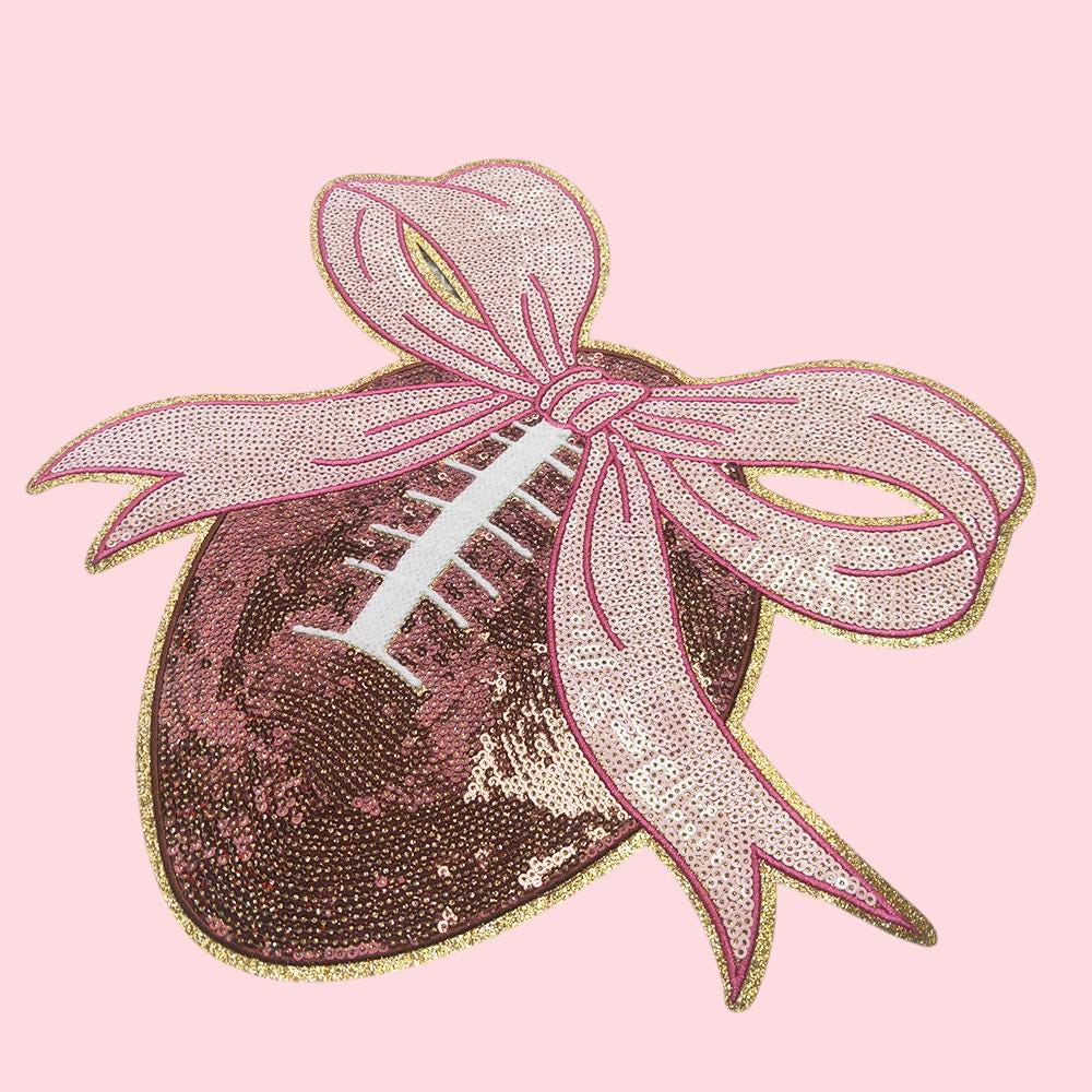 Large Football with Pink Bow Sequin Iron On Patch